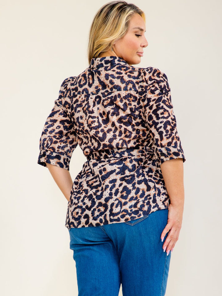 PLUS SIZE 3/4 SLEEVE BUTTON UP SELF TIE ANIMAL PRINT EYELET BLOUSE