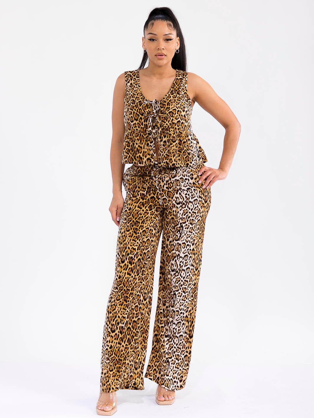 WOMEN'S SLEEVELESS FRONT TIE ANIMAL PRINT TANK TOP