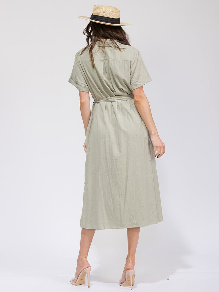 WOMEN'S SHORT SLEEVES BUTTON UP SELF TIE POCKETS MAXI DRESS