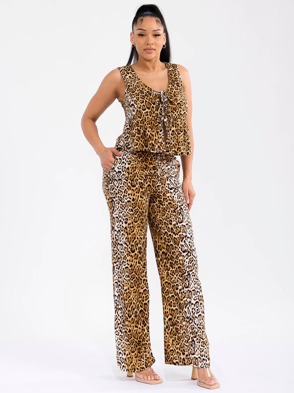 WOMEN'S ELASTIC WAIST FRONT POCKETS WIDE LEG ANIMAL PRINT PANTS