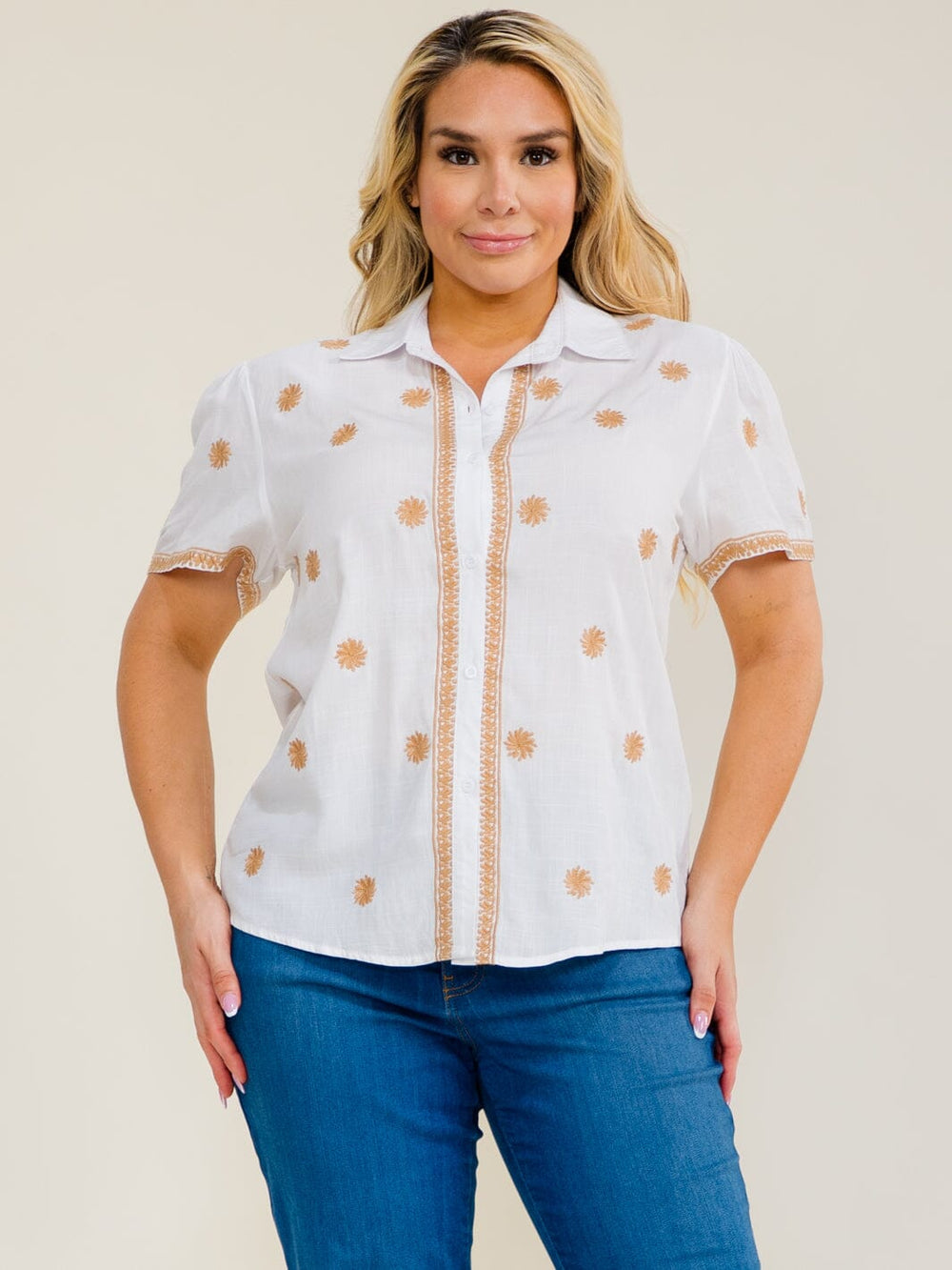 PLUS SIZE SHORT SLEEVE V-NECK BUTTON UP EMBROIDERY TRIM DETAILED BLOUSE