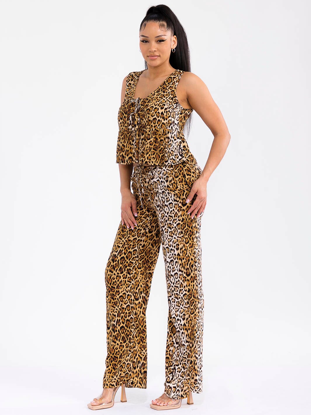 WOMEN'S ELASTIC WAIST FRONT POCKETS WIDE LEG ANIMAL PRINT PANTS