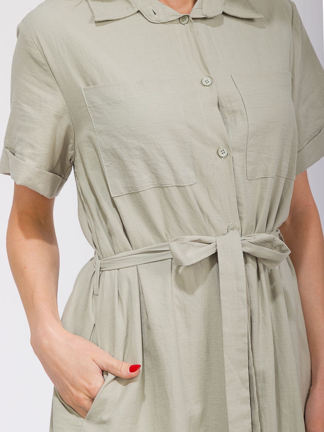 WOMEN'S SHORT SLEEVES BUTTON UP SELF TIE POCKETS MAXI DRESS