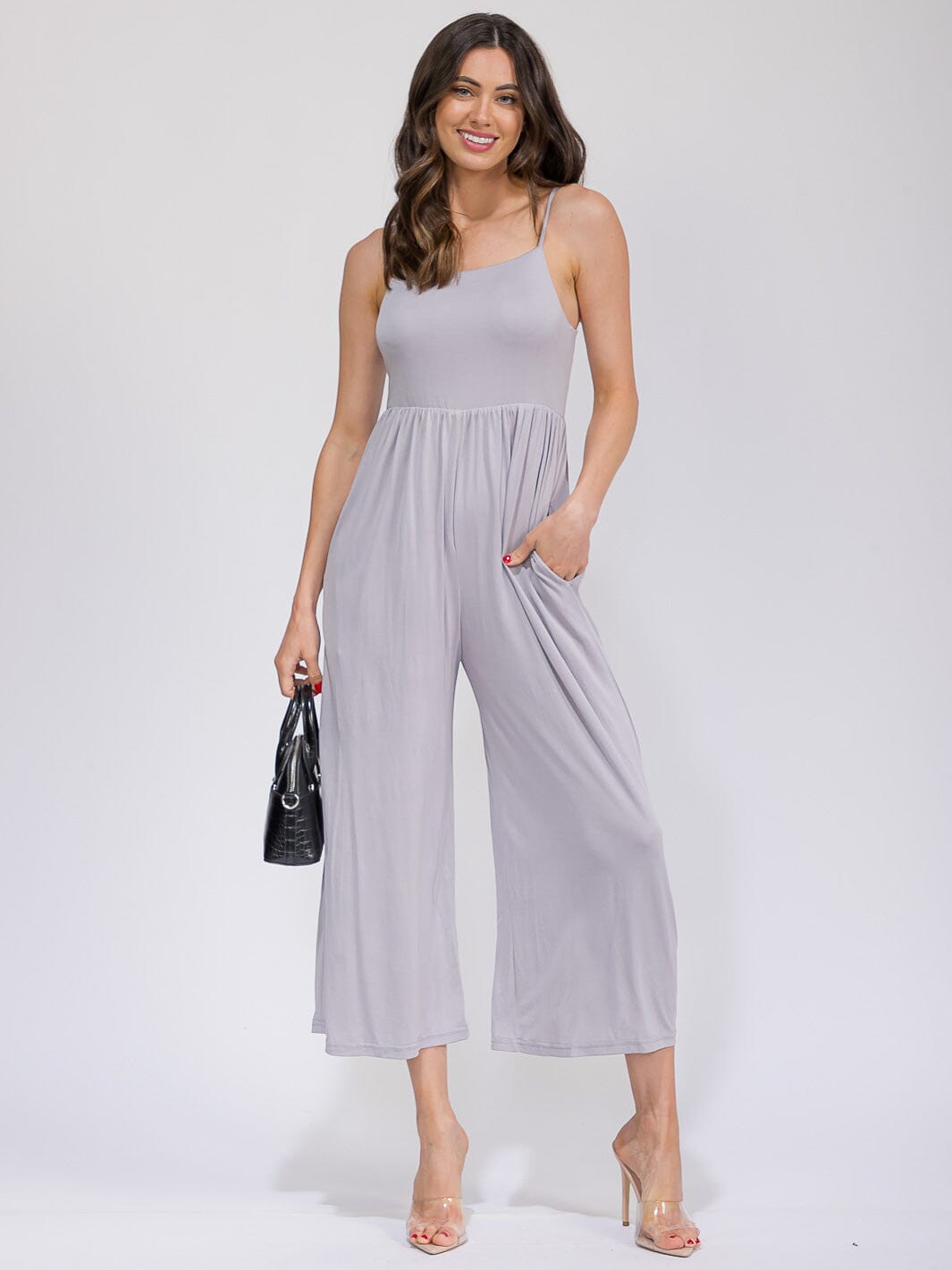 WOMEN'S SLEEVELESS FRONT POCKETS ELASTIC WAIST WIDE LEG JUMPSUIT