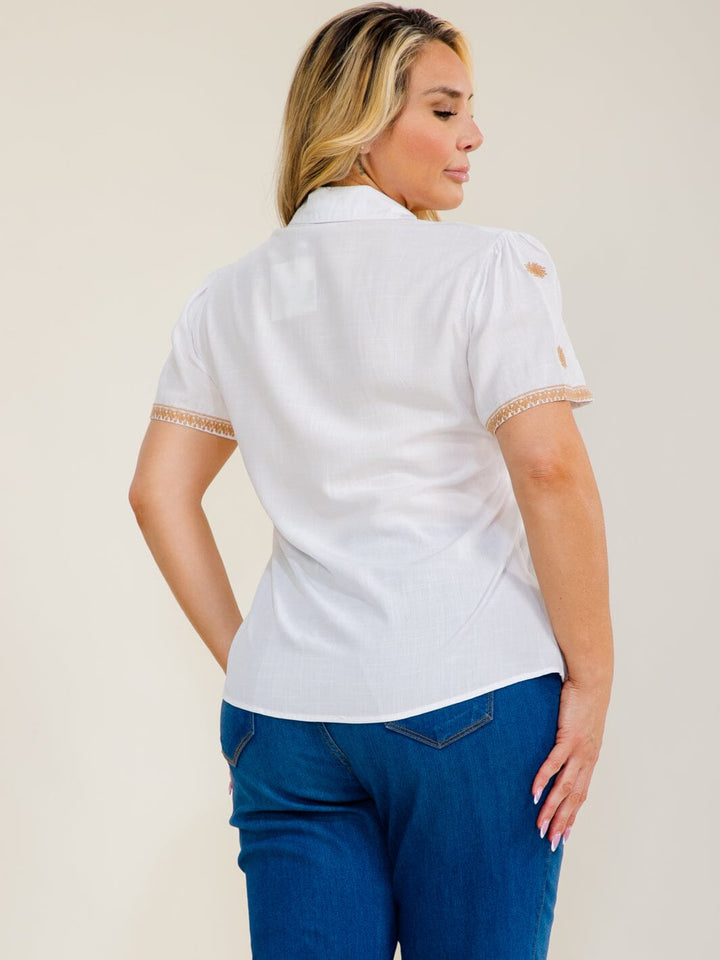PLUS SIZE SHORT SLEEVE V-NECK BUTTON UP EMBROIDERY TRIM DETAILED BLOUSE