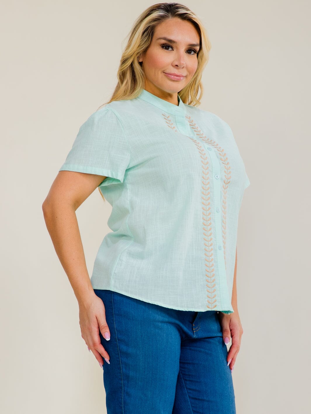 PLUS SIZE SHORT SLEEVE BUTTON UP EMBROIDERY TRIM BLOUSE