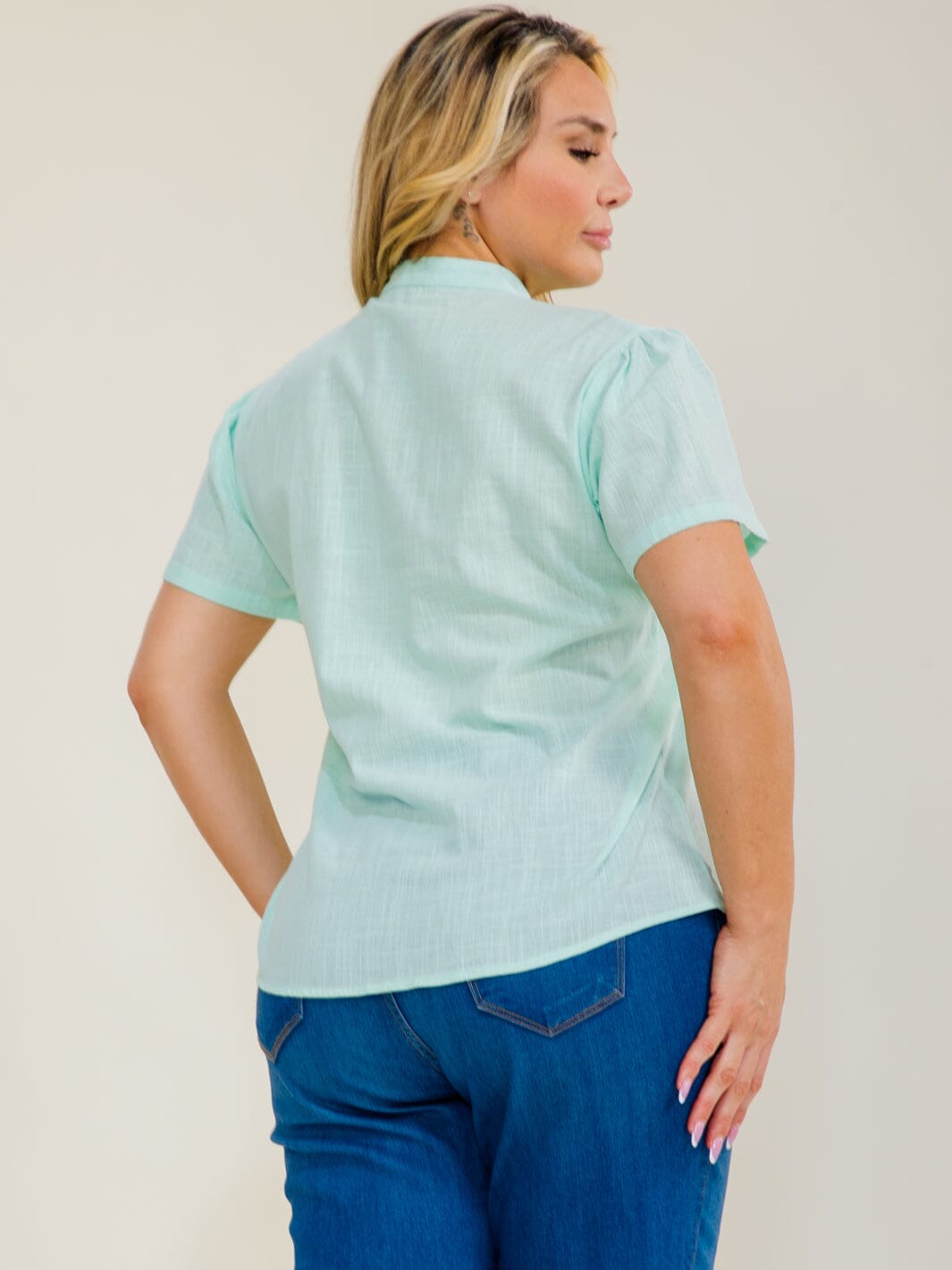 PLUS SIZE SHORT SLEEVE BUTTON UP EMBROIDERY TRIM BLOUSE