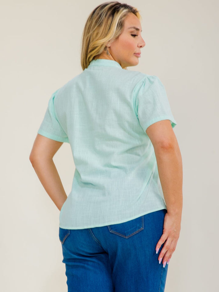 PLUS SIZE SHORT SLEEVE BUTTON UP EMBROIDERY TRIM BLOUSE