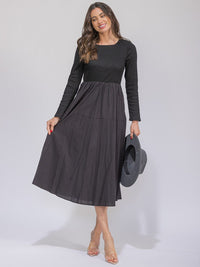 WOMEN'S LONG SLEEVE POCKETS ELASTIC WAIST CONTRAST MAXI DRESS