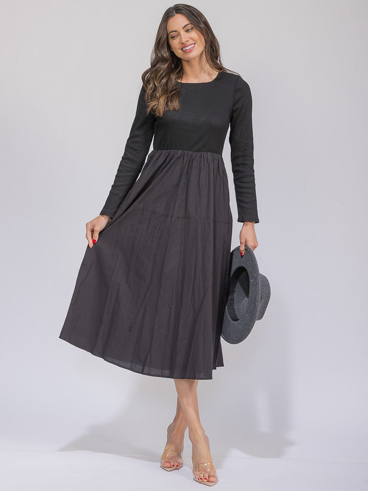 WOMEN'S LONG SLEEVE POCKETS ELASTIC WAIST CONTRAST MAXI DRESS