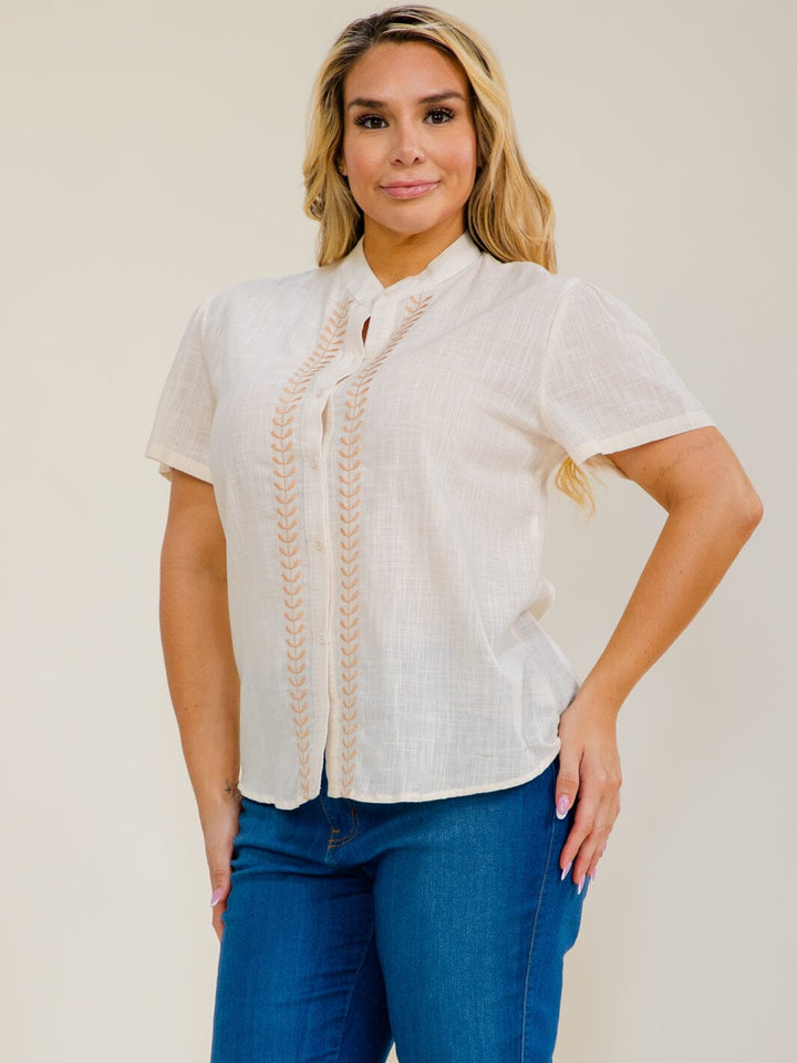 PLUS SIZE SHORT SLEEVE BUTTON UP EMBROIDERY TRIM BLOUSE