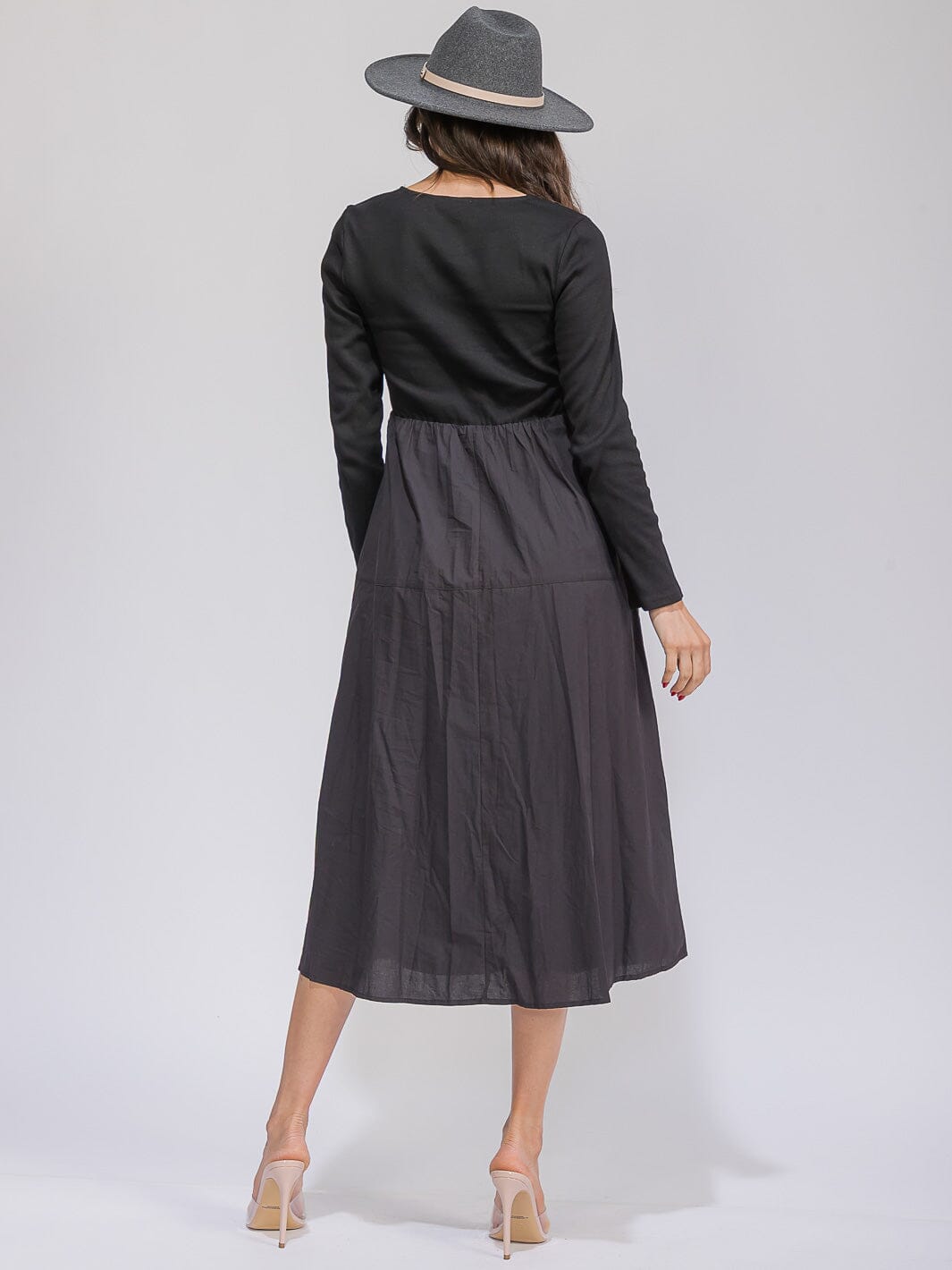 WOMEN'S LONG SLEEVE POCKETS ELASTIC WAIST CONTRAST MAXI DRESS