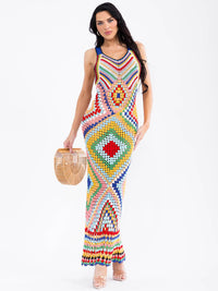 WOMEN'S SLEEVELESS V-NECK MULTI KNITTED BODYCON MAXI DRESS