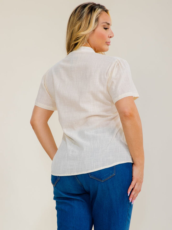 PLUS SIZE SHORT SLEEVE BUTTON UP EMBROIDERY TRIM BLOUSE