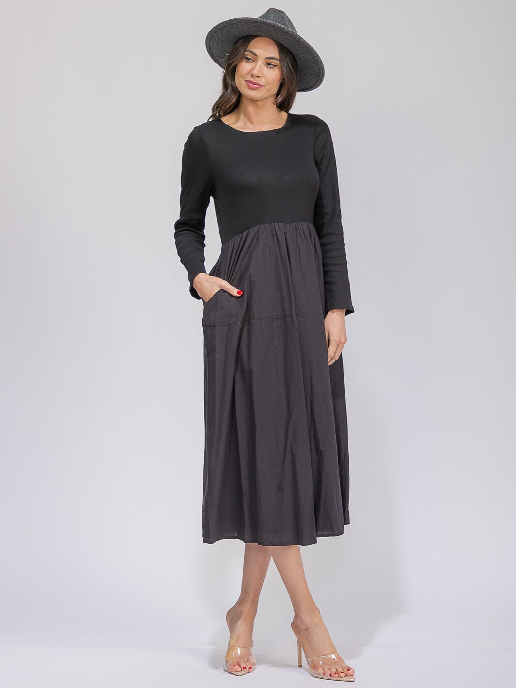 WOMEN'S LONG SLEEVE POCKETS ELASTIC WAIST CONTRAST MAXI DRESS