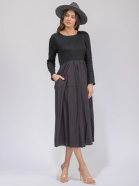 WOMEN'S LONG SLEEVE POCKETS ELASTIC WAIST CONTRAST MAXI DRESS