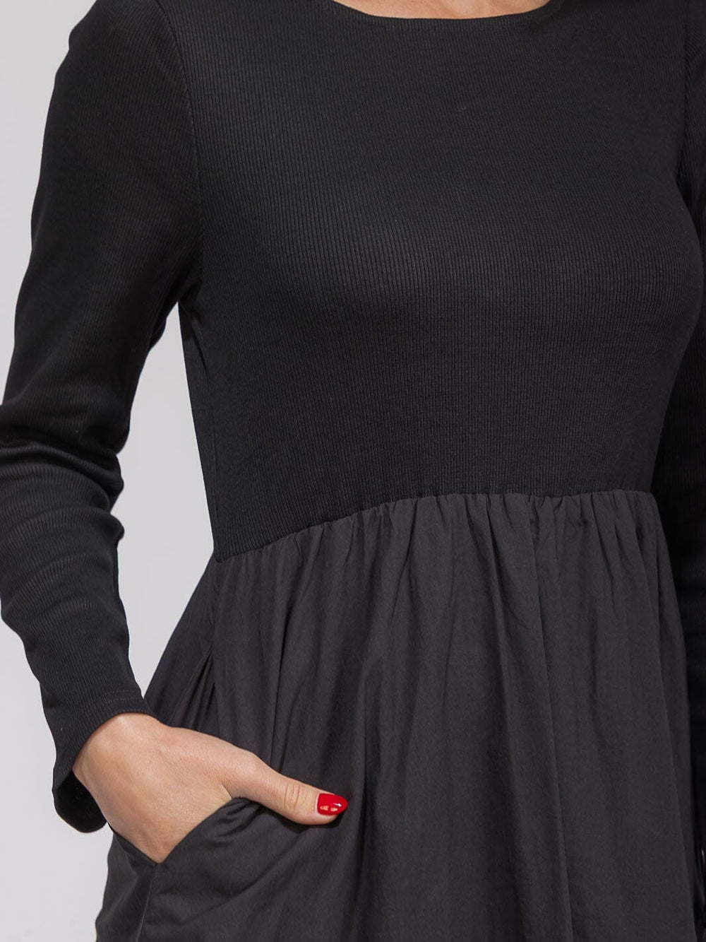 WOMEN'S LONG SLEEVE POCKETS ELASTIC WAIST CONTRAST MAXI DRESS