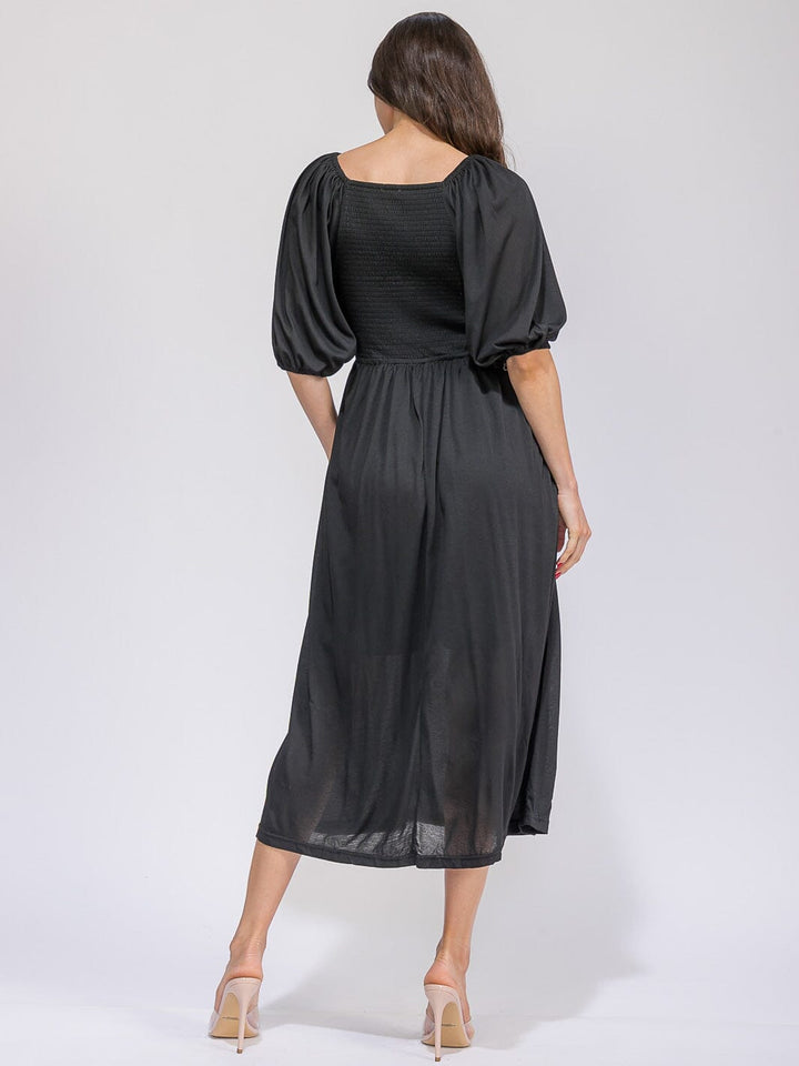 WOMEN'S SHORT SLEEVE ELASTIC WAIST POCKETS EMBROIDERY DETAILED MAXI DRESS