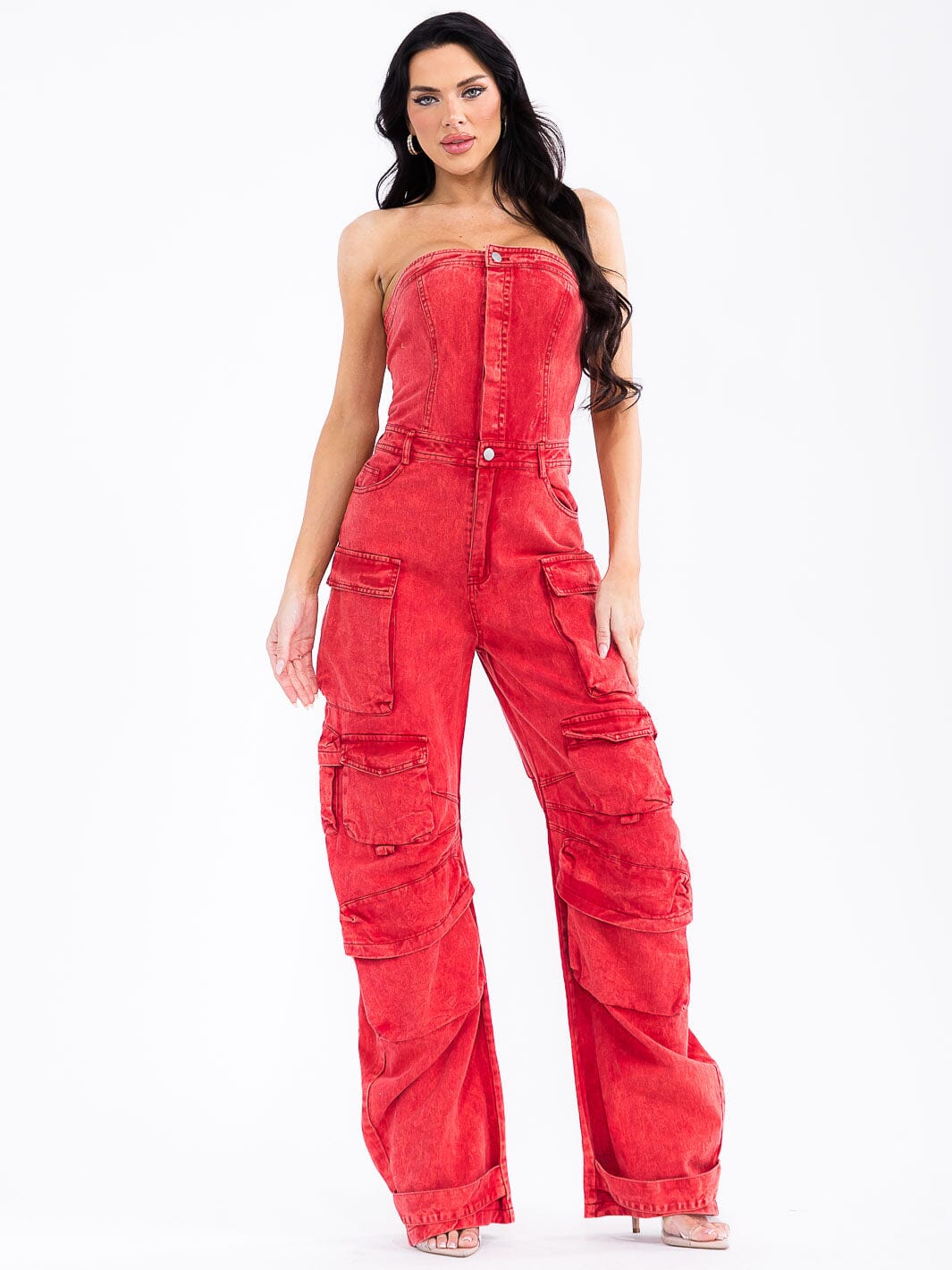 WOMEN'S SLEEVELESS CARGO POCKETS BUTTON UP WIDE LEG DENIM JUMPSUIT