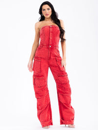 WOMEN'S SLEEVELESS CARGO POCKETS BUTTON UP WIDE LEG DENIM JUMPSUIT