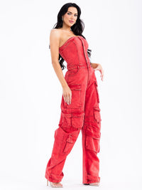 WOMEN'S SLEEVELESS CARGO POCKETS BUTTON UP WIDE LEG DENIM JUMPSUIT