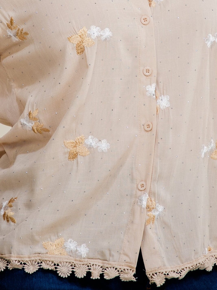 PLUS SIZE SHORT SLEEVE BUTTON UP EMBROIDERY RHINESTONES TRIM DETAILED BLOUSE