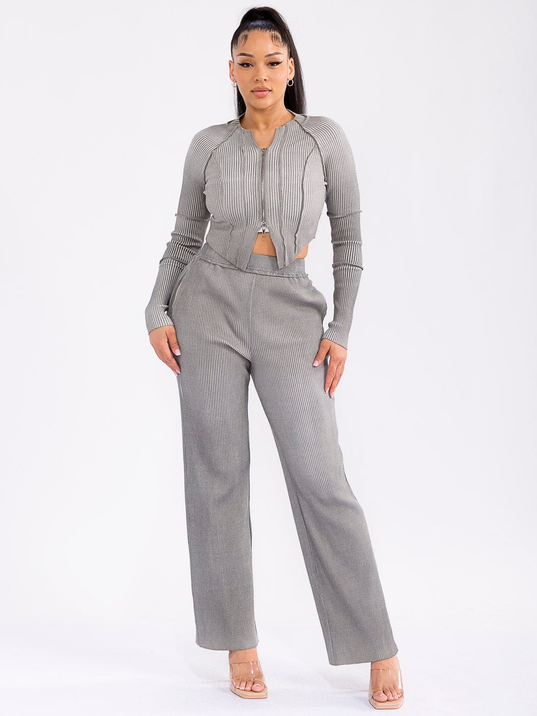 WOMEN'S LONG SLEEVE TOP & ELASTIC WAIST PANTS RIBBED 2PC. SET