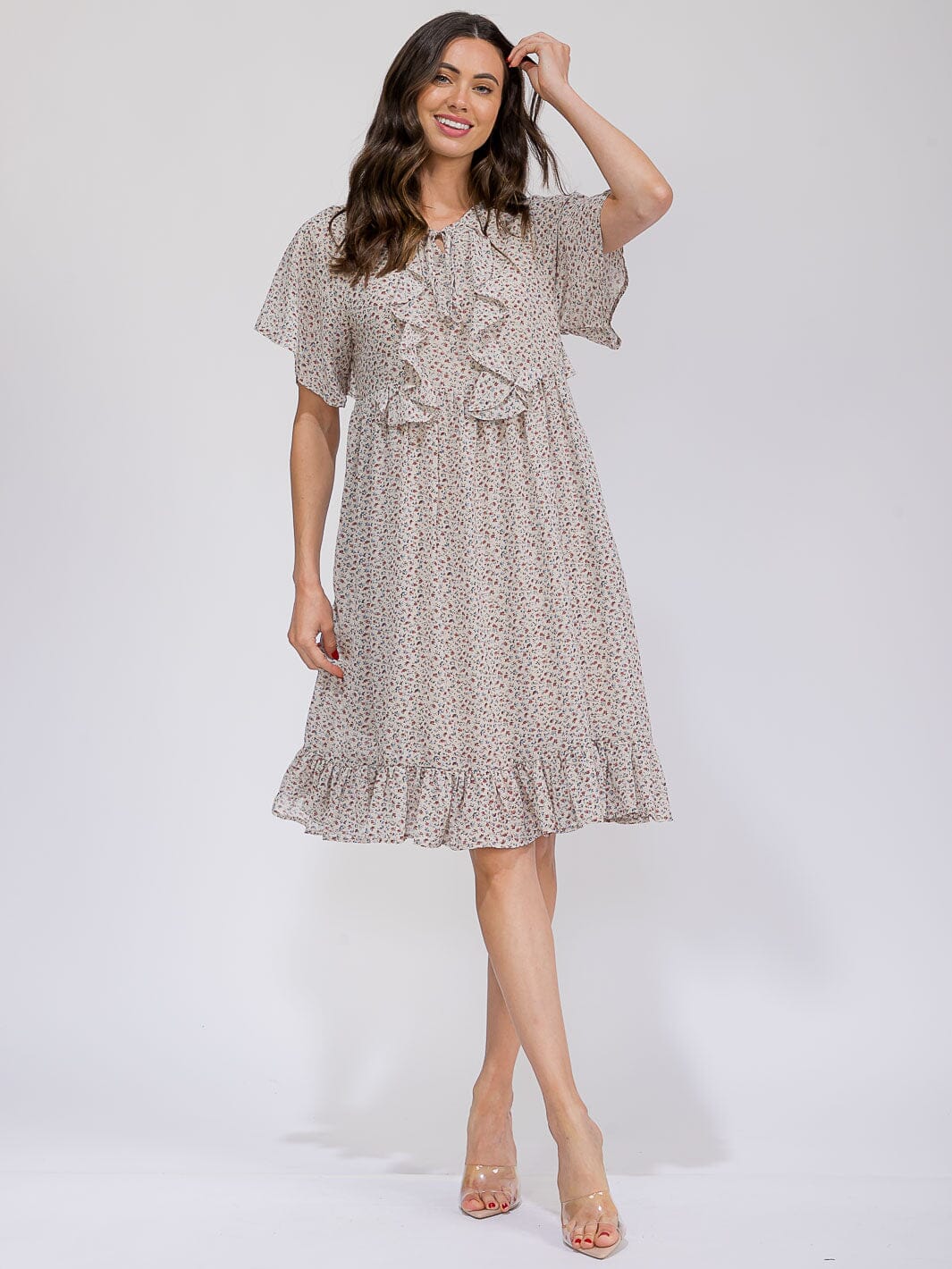 WOMEN'S SHORT SLEEVE FRONT POCKETS V-NECK RUFFLE FLORAL MIDI DRESS