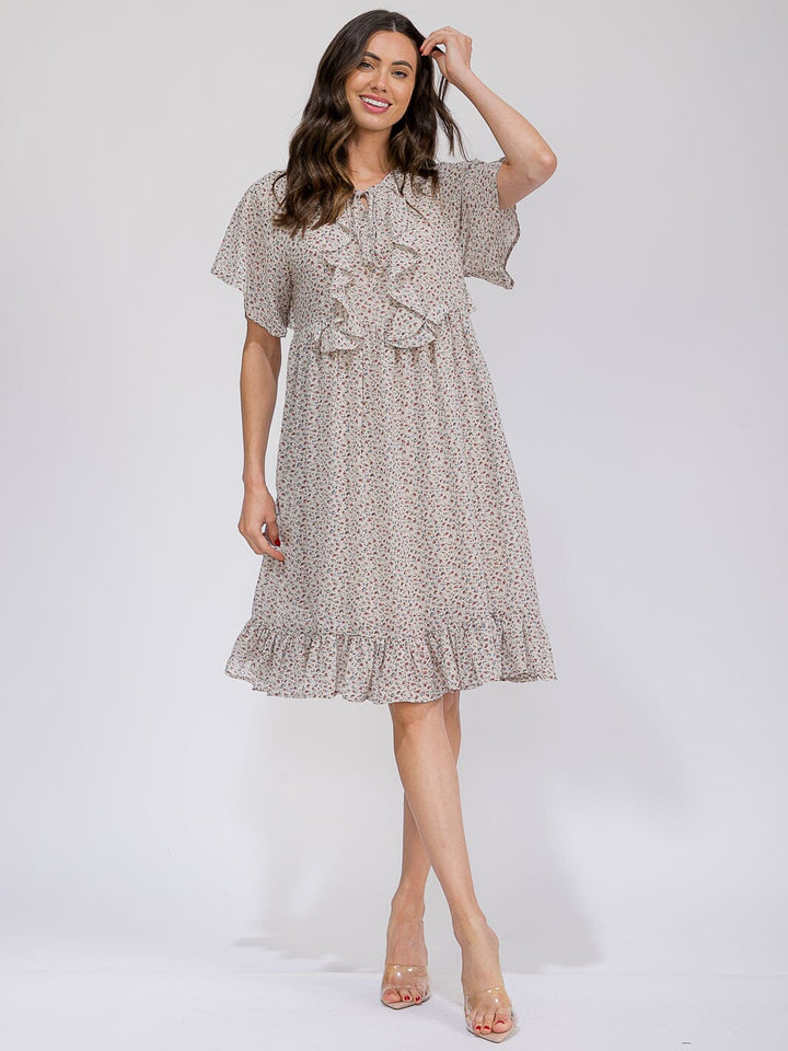 WOMEN'S SHORT SLEEVE FRONT POCKETS V-NECK RUFFLE FLORAL MIDI DRESS