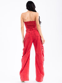 WOMEN'S SLEEVELESS CARGO POCKETS BUTTON UP WIDE LEG DENIM JUMPSUIT