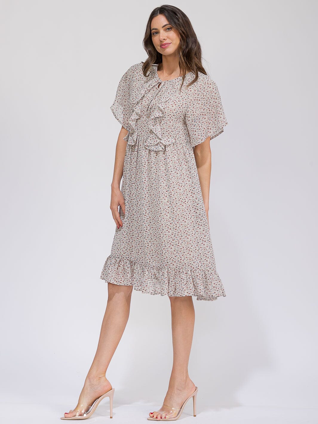 WOMEN'S SHORT SLEEVE FRONT POCKETS V-NECK RUFFLE FLORAL MIDI DRESS