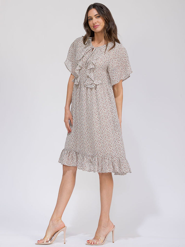 WOMEN'S SHORT SLEEVE FRONT POCKETS V-NECK RUFFLE FLORAL MIDI DRESS