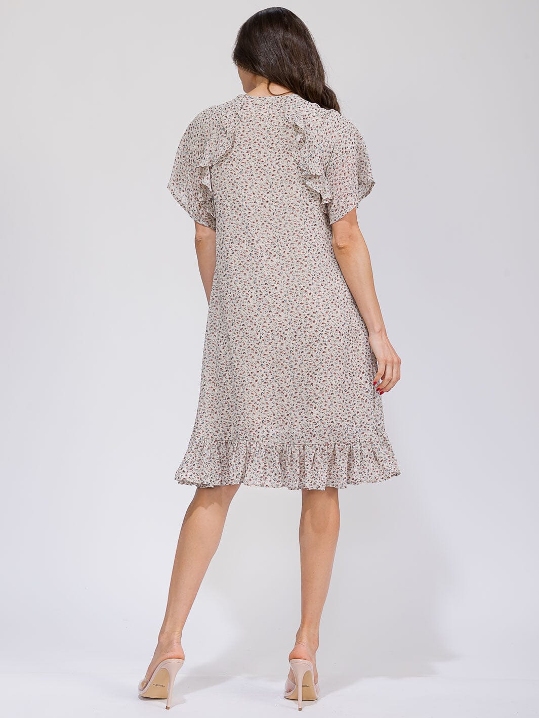 WOMEN'S SHORT SLEEVE FRONT POCKETS V-NECK RUFFLE FLORAL MIDI DRESS