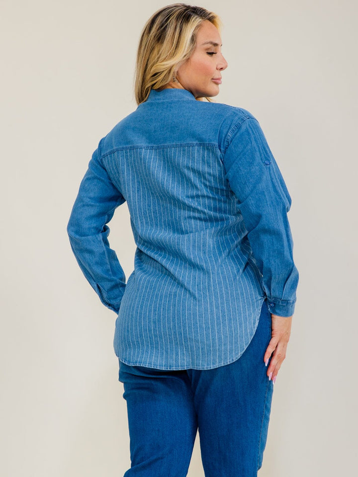 PLUS SIZE LONG SLEEVE BUTTON UP FRONT POCKET STRIPES DENIM SHIRT