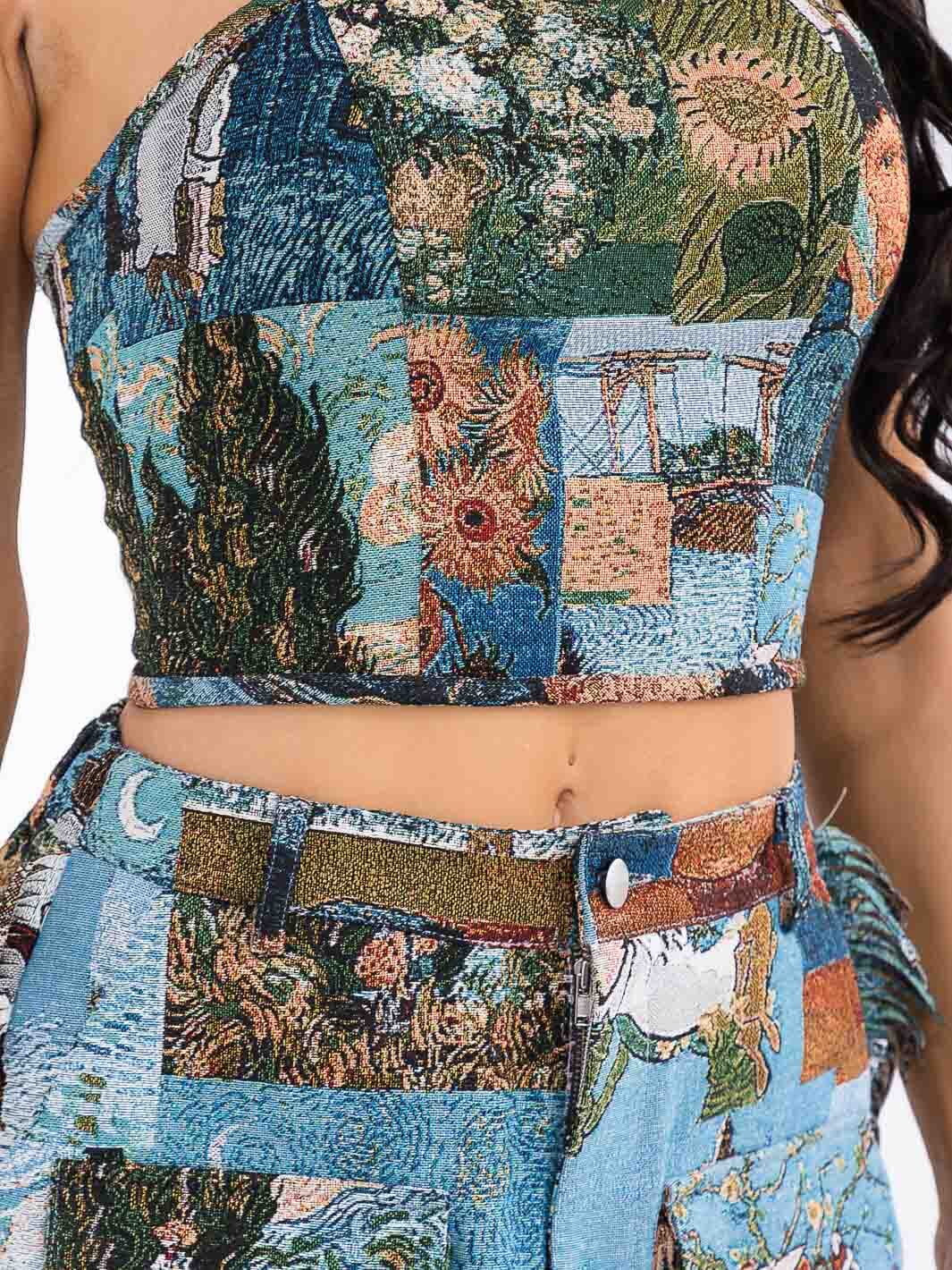WOMEN'S SLEEVELESS TUBE TOP & BUTTON CLOSURE MINI SKIRT MULTI PRINT 2PC. SET