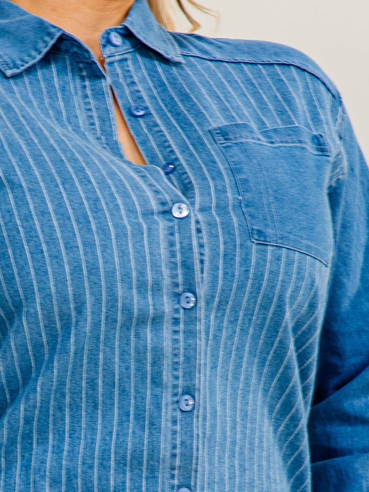 PLUS SIZE LONG SLEEVE BUTTON UP FRONT POCKET STRIPES DENIM SHIRT