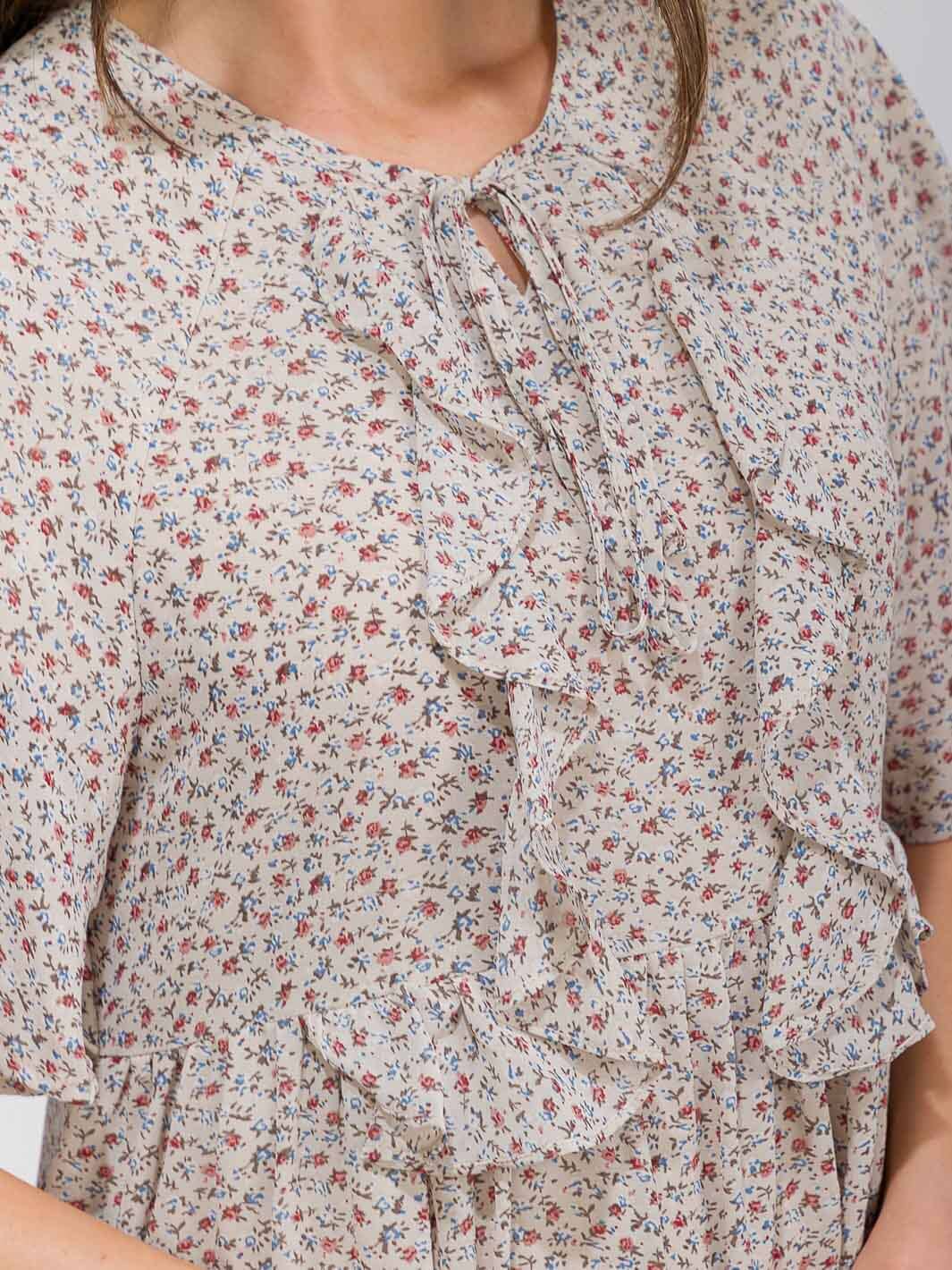 WOMEN'S SHORT SLEEVE FRONT POCKETS V-NECK RUFFLE FLORAL MIDI DRESS