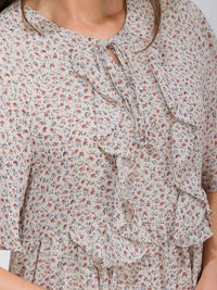 WOMEN'S SHORT SLEEVE FRONT POCKETS V-NECK RUFFLE FLORAL MIDI DRESS