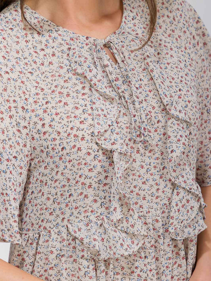 WOMEN'S SHORT SLEEVE FRONT POCKETS V-NECK RUFFLE FLORAL MIDI DRESS