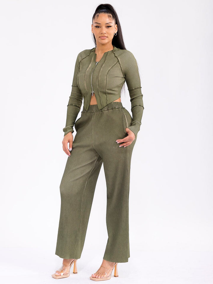 WOMEN'S LONG SLEEVE TOP & ELASTIC WAIST PANTS RIBBED 2PC. SET