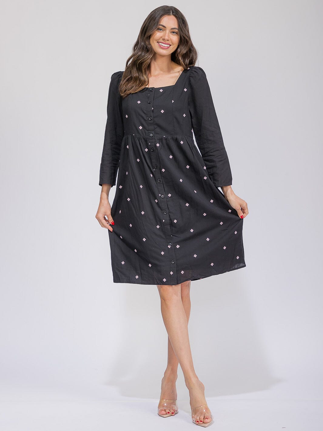WOMEN'S LONG SLEEVE SQUARE NECK SMOCK FLORAL DETAILED MIDI DRESS