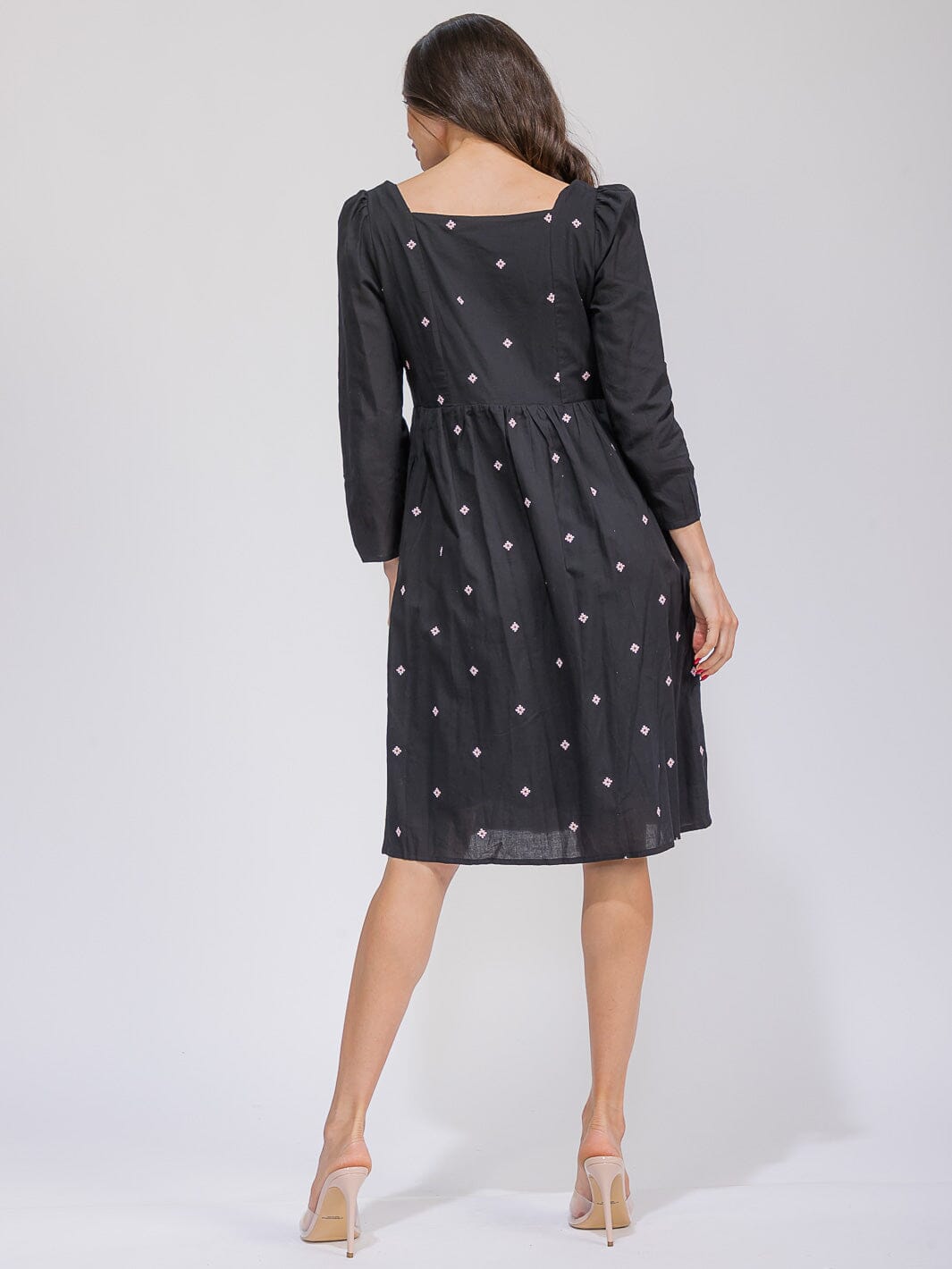 WOMEN'S LONG SLEEVE SQUARE NECK SMOCK FLORAL DETAILED MIDI DRESS