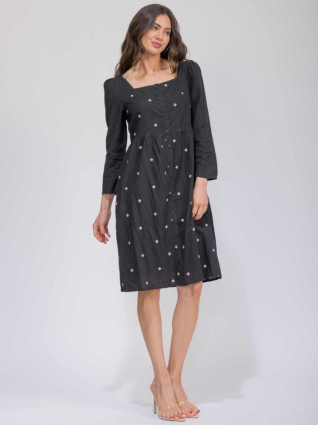 WOMEN'S LONG SLEEVE SQUARE NECK SMOCK FLORAL DETAILED MIDI DRESS