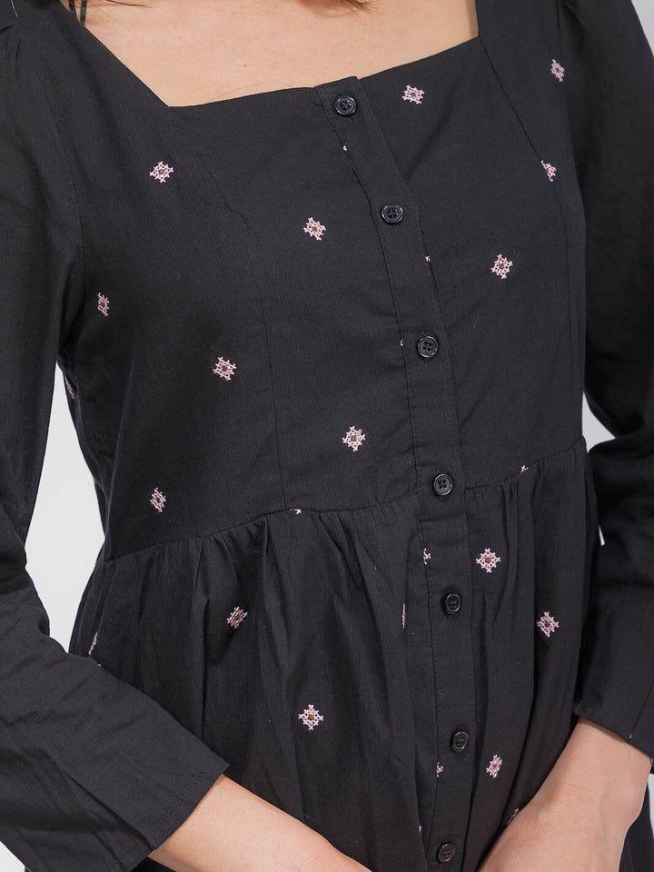 WOMEN'S LONG SLEEVE SQUARE NECK SMOCK FLORAL DETAILED MIDI DRESS