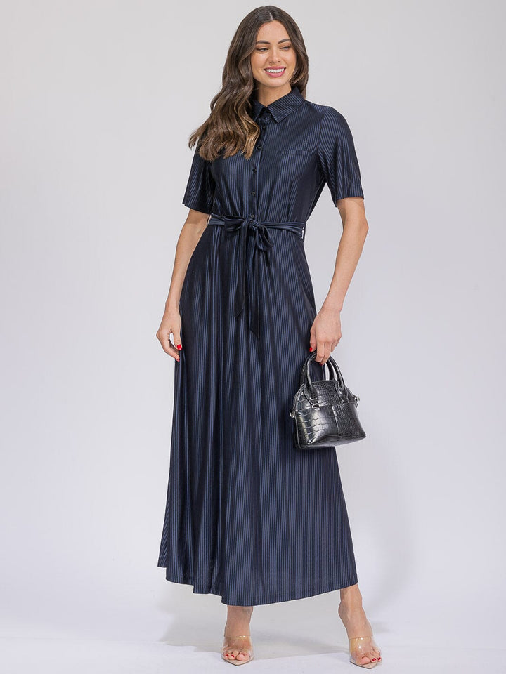 WOMEN'S SHORT SLEEVE FRONT POCKETS BUTTON UP SELF TIE STRIPES MAXI DRESS