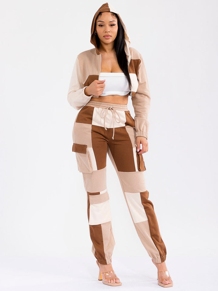 WOMEN'S LONG SLEEVE HOODED JACKET & ELASTIC WAIST PANTS COLORBLOCK 2PC. SET