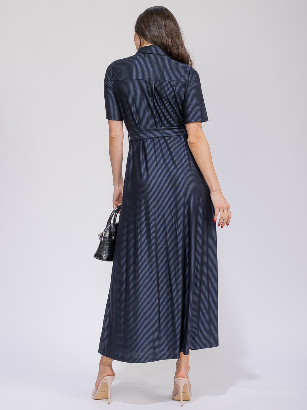 WOMEN'S SHORT SLEEVE FRONT POCKETS BUTTON UP SELF TIE STRIPES MAXI DRESS