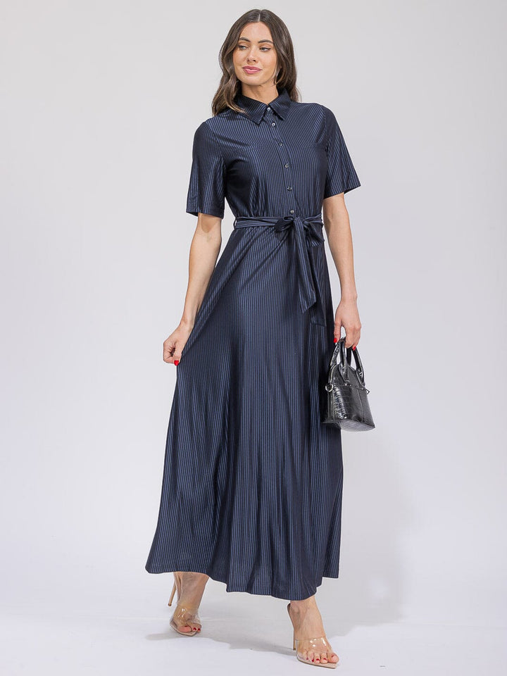 WOMEN'S SHORT SLEEVE FRONT POCKETS BUTTON UP SELF TIE STRIPES MAXI DRESS