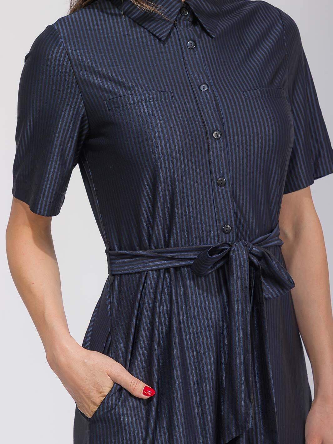 WOMEN'S SHORT SLEEVE FRONT POCKETS BUTTON UP SELF TIE STRIPES MAXI DRESS