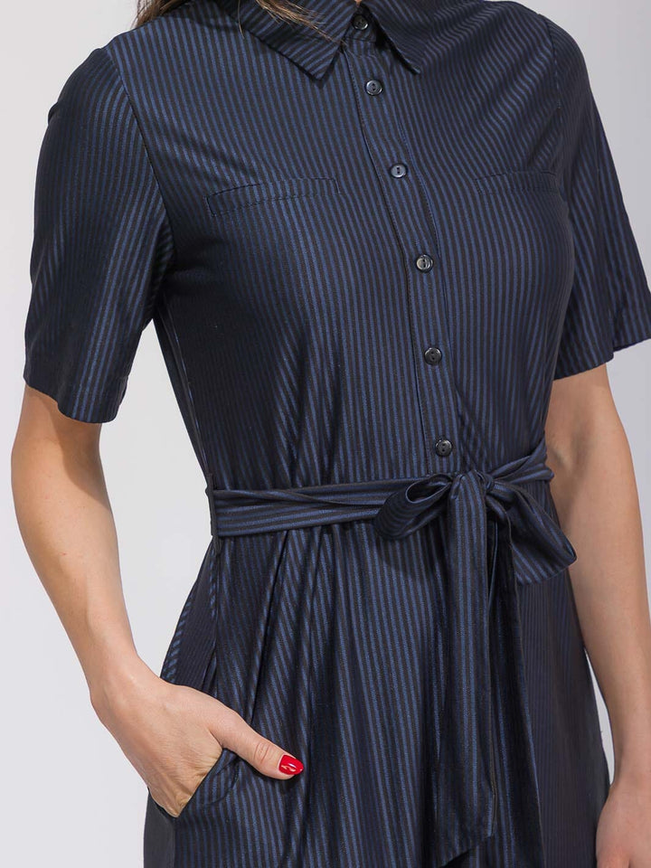 WOMEN'S SHORT SLEEVE FRONT POCKETS BUTTON UP SELF TIE STRIPES MAXI DRESS